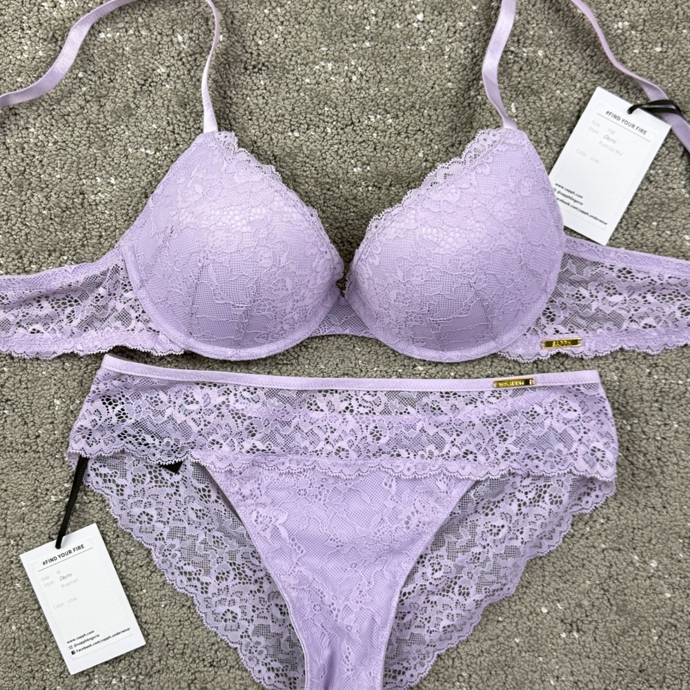 SAPPH Odetta Lingerie Set 34B M Lilac Lace Push Up Bra Brazilian Panty NWT
